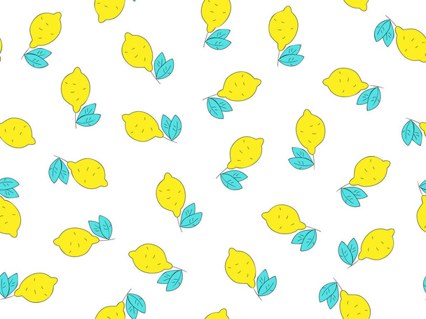 Simple lemon citrus seamless pattern, yellow fresh lemons with blue leaves endless pattern isolated on white. Lemon background, fresh summer and spring citrus fruit tropical seamless pattern - Wektor, obraz