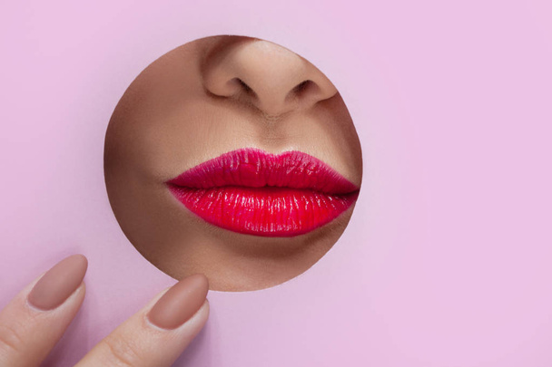 Beautiful women's lips with bright red lipstick - Photo, Image