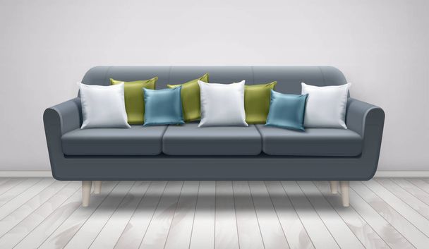 Ilustración vectorial de sofá gris con cojines en suelo de madera y pared blanca. Almohadas blancas, azules y verdes en el sofá
 - Vector, Imagen
