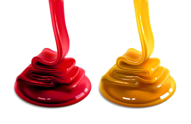Two streams of caramel of yellow and red color flow to the surface and freeze in waves.  3D vector. High detailed realistic illustration - Vektori, kuva