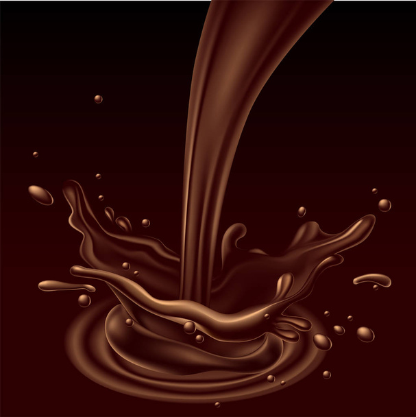 Spray of chocolate and splash effect on brown background.  3D vector. High detailed realistic illustration - Vektori, kuva
