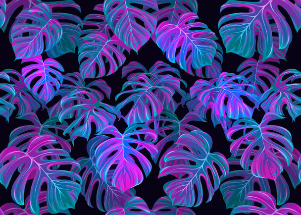 A trópusi levelek zökkenőmentes mintát hagynak neon színekben. Színes vektor illusztráció. Fekete alapon elszigetelve. - Vektor, kép