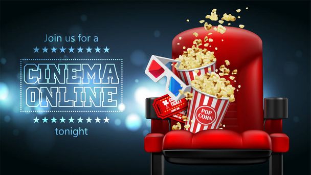 Popcorn, glasses and tickets  on a theater chair. 3D vector. High detailed realistic illustration - Vector, Image
