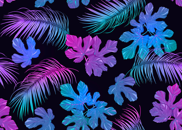 Tropic leaves seamless pattern in neon colors. Colored vector illustration. Isolated on black background. - Vektor, kép