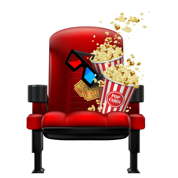 Na cadeira de teatro vermelho encontra-se pipocas, óculos e bilhetes. Fundo branco. Vetor 3D. Ilustração realista detalhada alta
 - Vetor, Imagem
