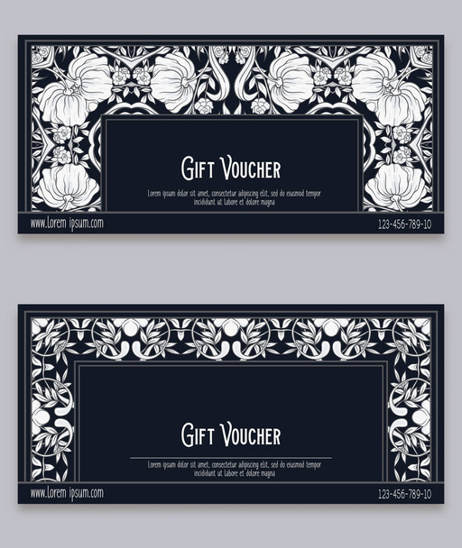 Floral pattern in art nouveau style, vintage, old, retro style. Gift voucher. Colored vector illustration. Black-and-white graphics.  - Vektori, kuva