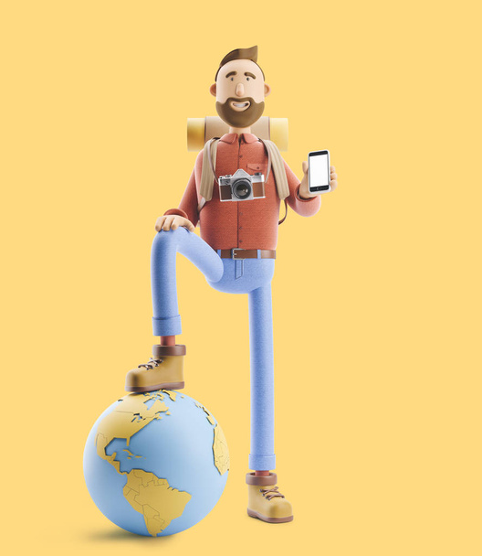 Туристичний персонаж мультфільму стоїть з великою картою і глобусом. 3d ілюстрація. Концепція подорожей
. - Фото, зображення