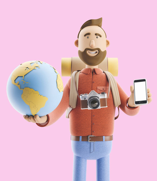 Personagem dos desenhos animados turista fica com um grande ponteiro do mapa e globo. Ilustração 3d. Conceito de viajar
. - Foto, Imagem