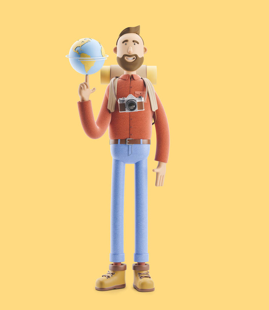 Cartoon character tourist stands with a large map pointer and globe. 3d illustration. Concept of traveling. - Photo, Image