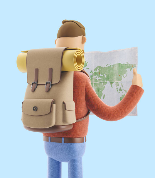 Zeichentrickfigur Tourist hält Weltkarte in den Händen. 3D-Illustration. - Foto, Bild