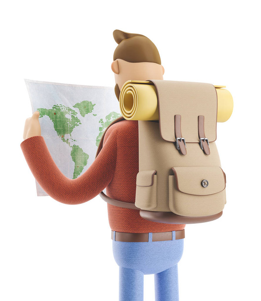 Personaje de dibujos animados turista tiene mapa del mundo en las manos. ilustración 3d
. - Foto, Imagen