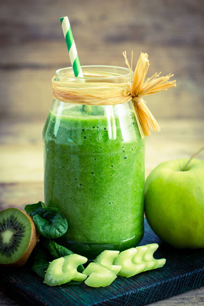 close up view of healthy smoothie on wooden background - Fotoğraf, Görsel