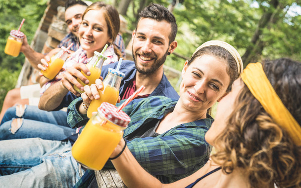 Happy vrienden gezonde Oranje vruchtensap drinken op platteland picknick - jongeren millennials plezier samen buiten op de middag snack op tuin - vriendschap concept in natuur omgeving - Foto, afbeelding