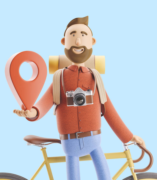 personaggio dei cartoni animati turistico si trova con un grande puntatore mappa nelle sue mani e in bicicletta. Illustrazione 3d
. - Foto, immagini