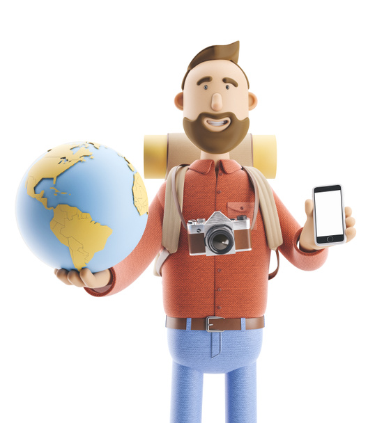 Туристичний персонаж мультфільму стоїть з великою картою і глобусом. 3d ілюстрація. Концепція подорожей
. - Фото, зображення