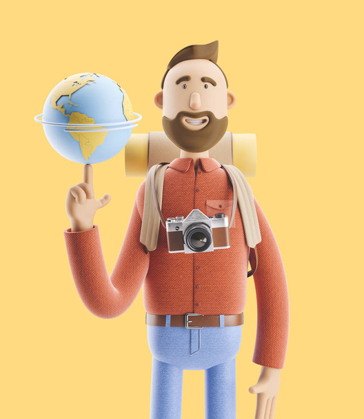 Personaggio dei cartoni animati stand turistici con un grande puntatore mappa e globo. Illustrazione 3d. Concetto di viaggio
. - Foto, immagini