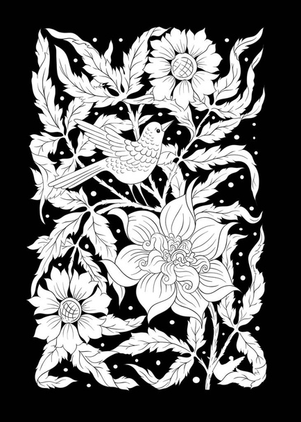 Floral  pattern, background  with birds In art nouveau style, vintage, old, retro style. In gold and black. Good for the cover of a notebook, tablet, phone,  product label. Black and white graphics. Vector illustration - ベクター画像