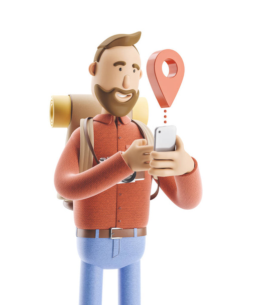 Туристичний персонаж мультфільму стоїть з великою картою покажчика і телефоном в руках. 3d ілюстрація
. - Фото, зображення