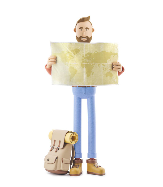 Illustrazione 3d. personaggio dei cartoni animati turistico tiene mappa del mondo in mano
. - Foto, immagini