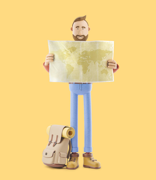 Турист мультиплікаційного характеру тримає карту світу в руках. 3d ілюстрація
. - Фото, зображення