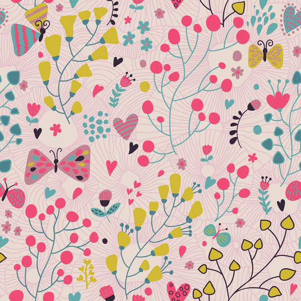 Spring wallpaper. Floral cartoon seamless pattern. Romantic nature illustration - Vektori, kuva