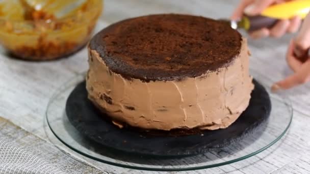 Process of cooking chocolate sponge cake. Step by step assembly chocolate cake. - Footage, Video