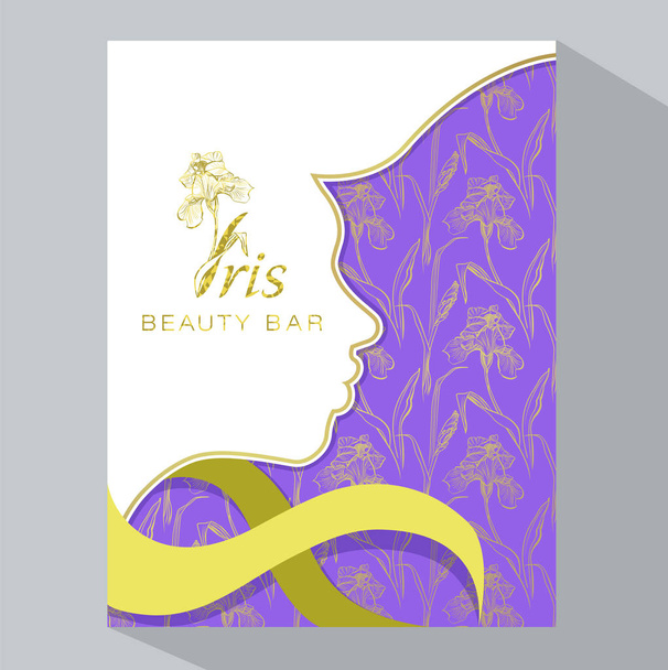 Iris Beauty Bar. Banner Vektor für Schönheitssalon, Hotel Salon Beauty Resort und Wellness. Design mit Illustration eines jungen Mädchens vor dem Hintergrund von Iris-Blumen.  - Vektor, Bild