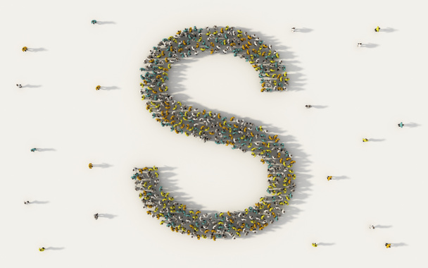 Large group of people forming letter S, capital English alphabet text character in social media and community concept on white background. 3d sign symbol of crowd illustration from above - Valokuva, kuva