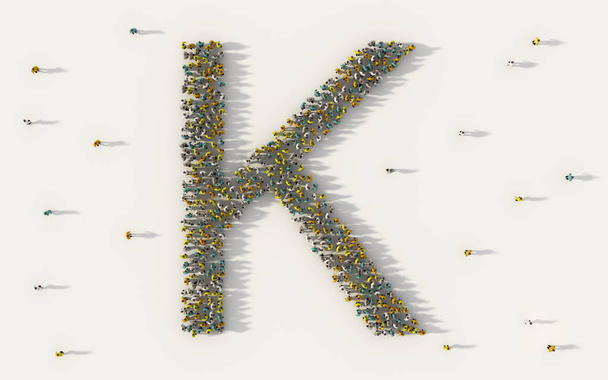 Grote groep mensen vormt letter K, hoofdletter Engels alfabet tekstkarakter in sociale media en gemeenschapsconcept op witte achtergrond. 3d teken symbool van menigte illustratie van boven - Foto, afbeelding