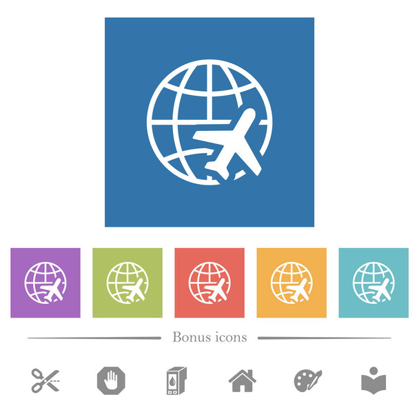 Iconos blancos planos de viaje por el mundo en fondos cuadrados. 6 iconos de bonificación incluidos
. - Vector, imagen
