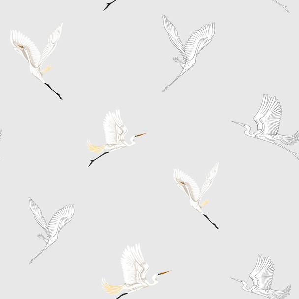 Seamless pattern, background with tropical birds. White heron, cockatoo parrot. Colored and outline design on soft grey background.. Vector illustration - Vecteur, image