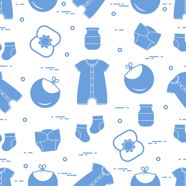 Seamless pattern with goods for babies. Newborn baby background. Bib, baby food can, rattle, socks, diapers, bodysuit. - Wektor, obraz