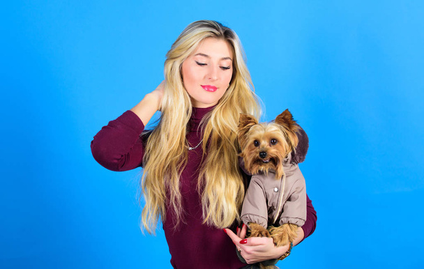 Pet supplies. Dressing dog for cold weather. Which dog breeds should wear coats. Woman carry yorkshire terrier. Dogs need clothes. Girl adorable blonde hug little dog in coat. Apparel and accessories - Fotografie, Obrázek