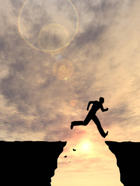 Концепція або концептуальна молода 3D ілюстрація чоловік або бізнесмен силует стрибати щасливий зі скелі над заходом сонця або сходу сонця неба фону
 - Фото, зображення