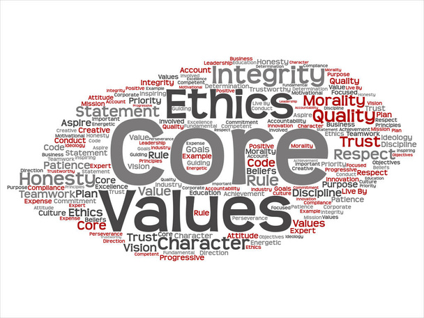 Vector conceptuele core waarden integriteit ethiek abstract begrip woord wolk geïsoleerd achtergrond. Collage van eerlijkheid kwaliteit vertrouwen, verklaring, karakter, belangrijke doorzettingsvermogen, respect betrouwbare tekst - Vector, afbeelding
