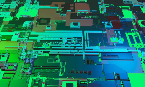 abstrakter High-Tech-Hintergrund für elektronische Leiterplatte (PCB) in blauer und grüner Farbe. 3D-Illustration - Foto, Bild