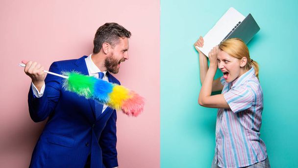 Gender inequality concept. Professional education and careers. Woman choose to work digital technology. Man force girl to clean up. Gender inequality start from household. Gender discrimination - Фото, изображение