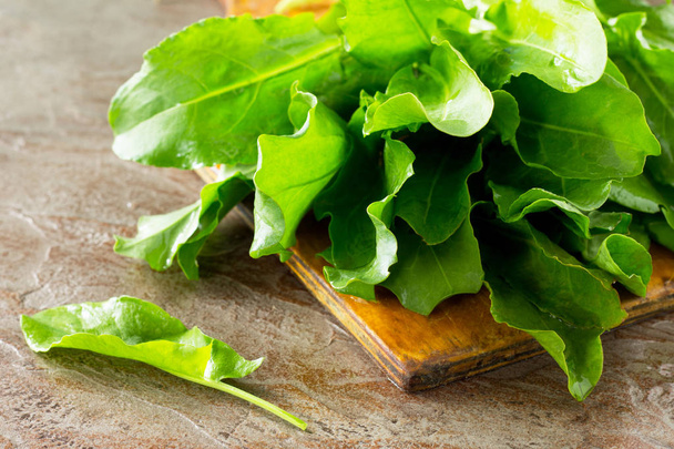 Healthy vegan food. Fresh spinach leaves over dark slate, stone or concrete background. - Фото, изображение