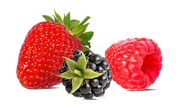 Mûres, fraises et framboises isolées sur fond blanc
 - Photo, image