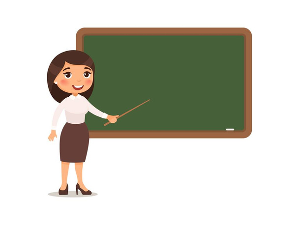 Teacher stands in front of a blackboard at school, college or university. Cartoon character design. Isolated on white background - Vector, Image