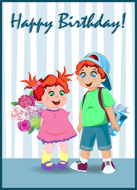 Χαρούμενα γενέθλια ευχετήρια κάρτα του χαριτωμένο καρτούν παιδιά χαρακτήρες κατέχουν μεγάλο δώρο κουτί και μπουκέτο λουλούδια στο ριγέ φόντο. Εικονογράφηση διάνυσμα, Kawaii κορίτσι και αγόρι καρτ ποστάλ με εορταστική γράμματα. - Διάνυσμα, εικόνα
