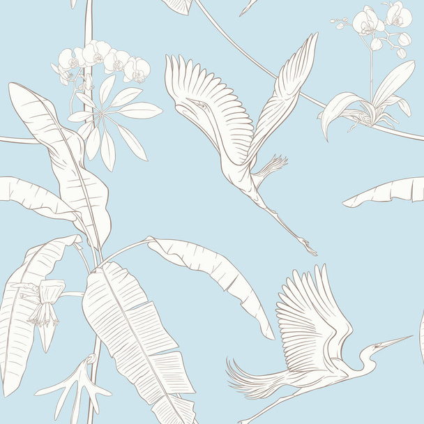 Seamless pattern, background. with tropical plants and flowers with white orchid and tropical birds. Outline hand drawing vector illustration. In vintage blue and beige colors. - Vektori, kuva