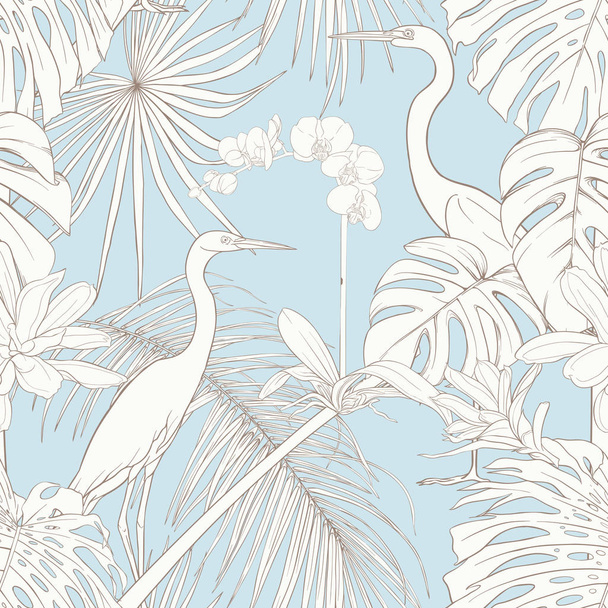 Seamless pattern, background. with tropical plants and flowers with white orchid and tropical birds. Outline hand drawing vector illustration. In vintage blue and beige colors. - Vektör, Görsel