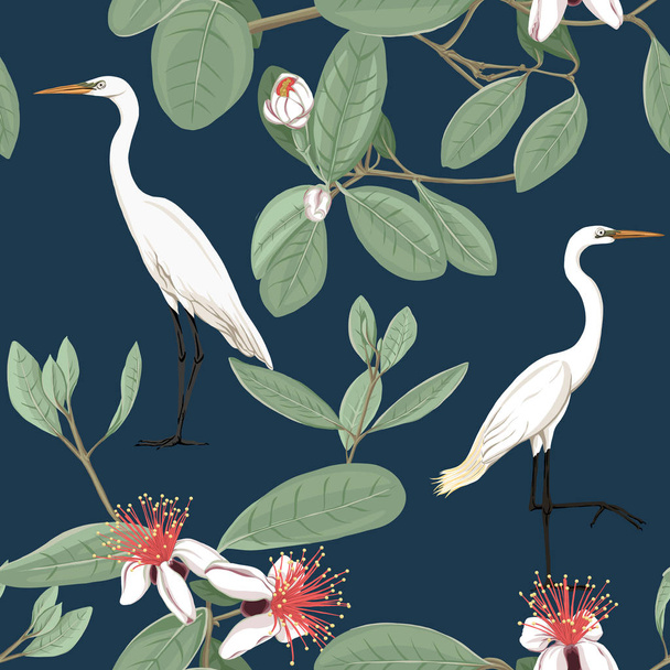Seamless pattern, background with floral pattern with feijoa blooming flowers and herons. Vector illustration without gradients and transparency.  On dark blue background. - Vektori, kuva