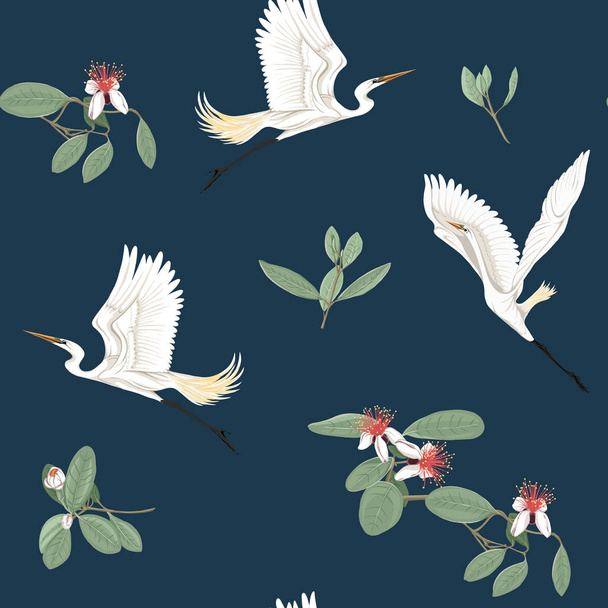 Seamless pattern, background with floral pattern with feijoa blooming flowers and herons. Vector illustration without gradients and transparency.  On dark blue background. - Vektor, Bild