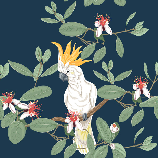 Seamless pattern, background with floral pattern with feijoa blooming flowers  and cockatoo parrot. Vector illustration without gradients and transparency.  On dark blue background. - Vetor, Imagem