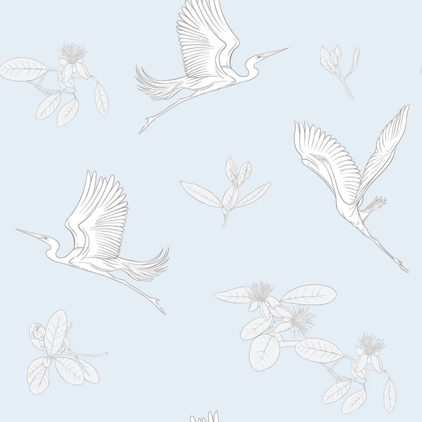 Seamless pattern, background with floral pattern with feijoa blooming flowers and herons. Vector illustration without gradients and transparency.  In vintage blue and beige colors. - Vector, Imagen