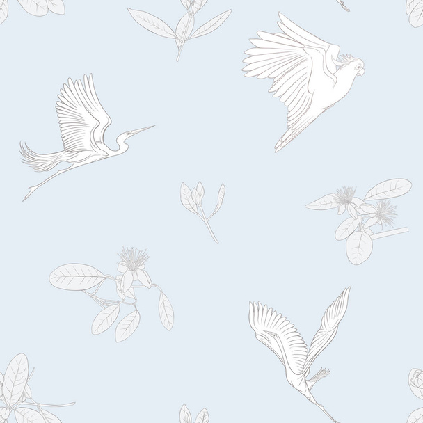 Seamless pattern, background with floral pattern with feijoa blooming flowers and with herons and cockatoo parrot Vector illustration.  In vintage blue and beige colors. - Vector, Image