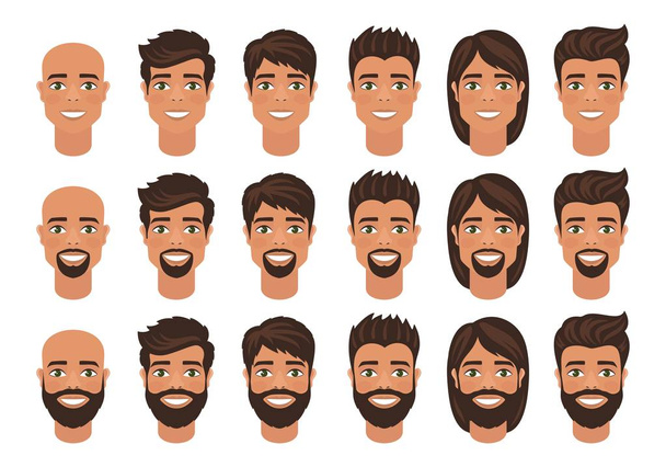 Set mens avatars met verschillende kapsel: lang of kort haar, kaal, met baard of zonder. Cartoon portretten geïsoleerd op een witte achtergrond. Vlakke stijl. Vectorillustratie.  - Vector, afbeelding