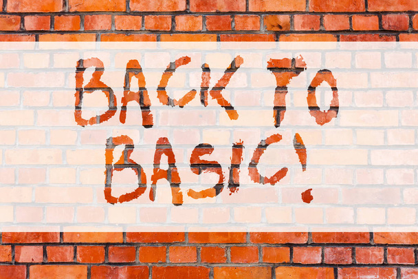 Escrevendo nota mostrando Back To Basic. Business photo showcasing Voltar coisas simples Fundamental Essencial Base primária Brick Wall art como Graffiti chamada motivacional escrito na parede
. - Foto, Imagem